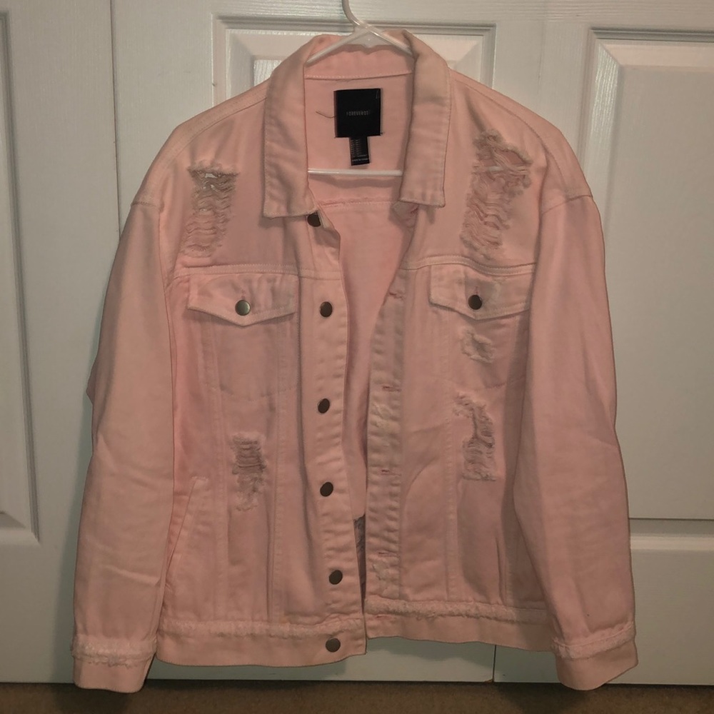 Pink distressed denim jacket